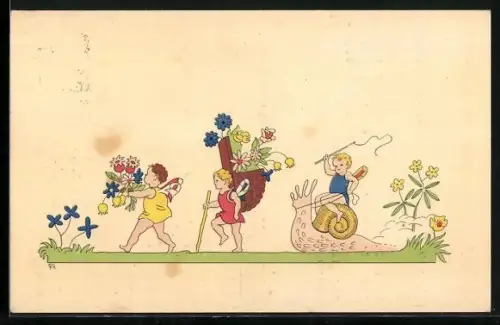 AK Geflügelte Kinder mit Blumenstrauss, Kiepe mit Blumen, auf Schnecke reitend