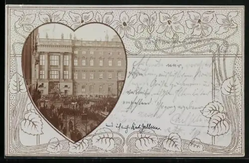 AK Berlin, Portal von Berliner Stadtschloss in herzförmigem Passepartout