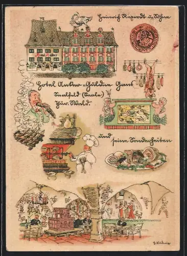 Künstler-AK Saalfeld / Saale, Hotel Anker, Koch bereitet die Hähnchen zu