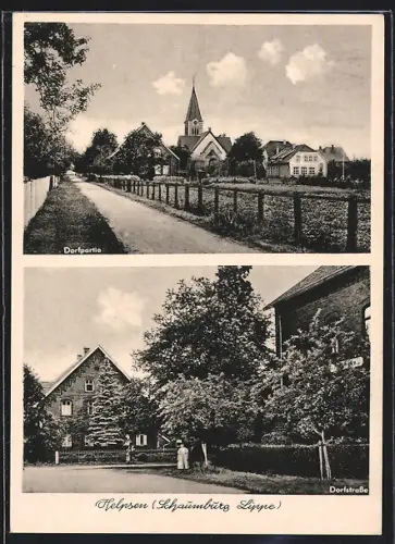 AK Helpsen /Schaumburg Lippe, Dorfpartie mit Kirche, Dorfstrasse