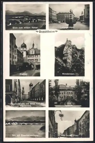 AK Rosenheim, Heiliggeiststrasse mit Blick auf die Pfarrkirche, Lyzeum, Max-Josefs-Platz