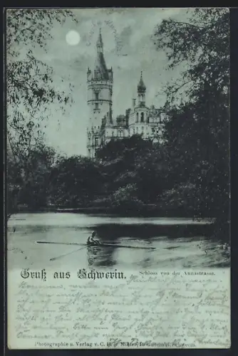 Mondschein-AK Schwerin / Mecklenburg, Schhloss von der Annastrasse aus