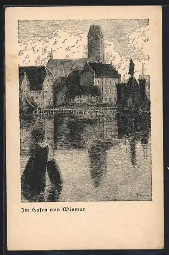 Künstler-AK Wismar, Motiv vom Hafen