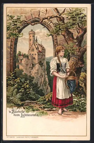 Lithographie Lichtenstein, Bärbele vom Lichtenstein, Blick zur Burg