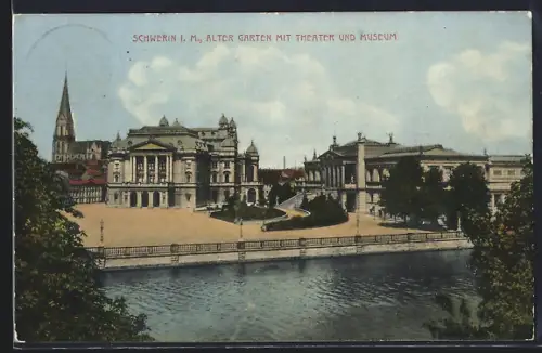 AK Schwerin i. M., Alter Garten mit Theater u. Museum