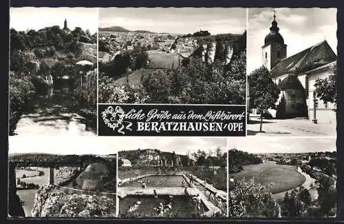 AK Beratzhausen /Opf., Kirche, Schwimmbad, Flusslandschaft