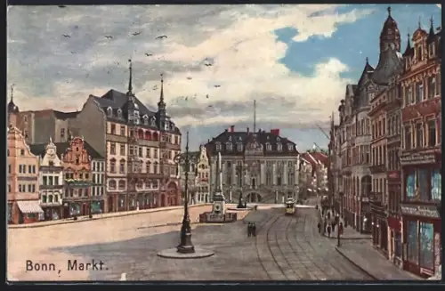 Künstler-AK Bonn, Markt mit Strassenbahn