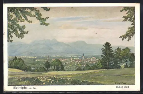Künstler-AK Rosenheim am Inn, Ortspanorama