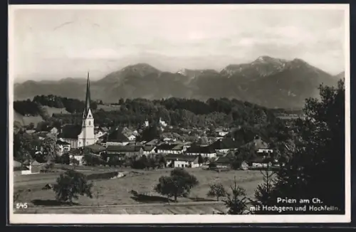 AK Prien am Ch., Ortsansicht mit Hochgern und Hochfelln
