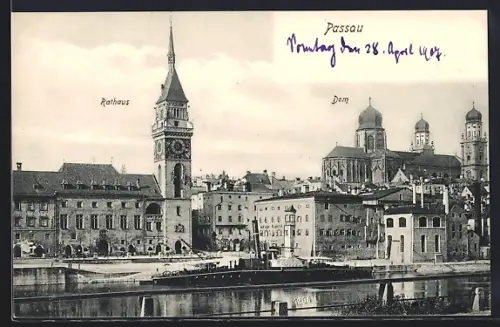AK Passau, Rathaus und Dom am Fluss