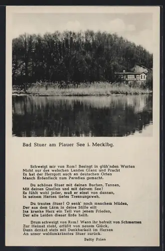 AK Bad Stuer am Plauer See, Gasthaus Schweigt mir von Rom, Seeufer, Wald