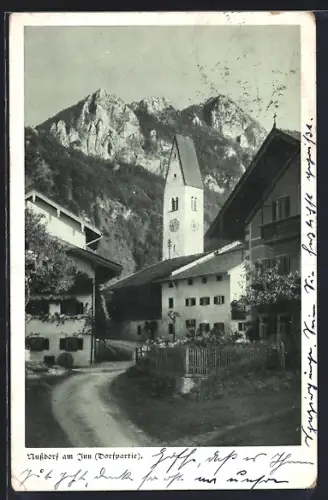 AK Nussdorf am Inn, Dorfpartie, Kirche, Wohnhäuser, Berge
