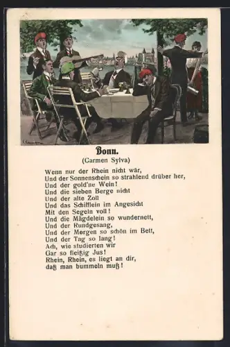 AK Bonn, Studenten beim Weintrinken am Rhein mit Blick auf die Stadt