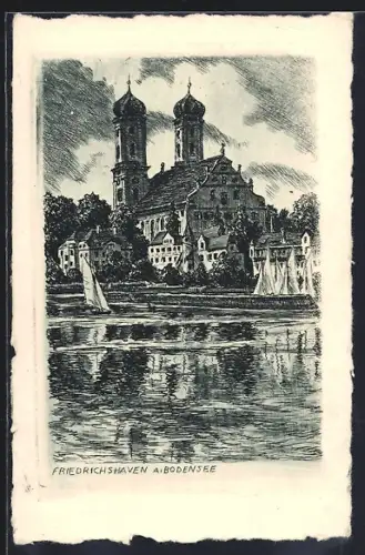 Künstler-AK Friedrichshafen a. Bodensee, Kirche, Segelboote, Uferansicht