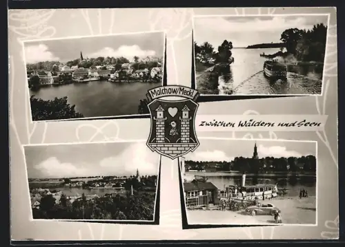 AK Malchow /Meckl., Stadtansicht, See, Schifffahrt, zwischen Wäldern und Seen