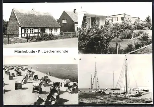 AK Mönkebude /Ueckermünde, Altes Fischerhaus, Bungalowsiedlung, Strand, Hafen