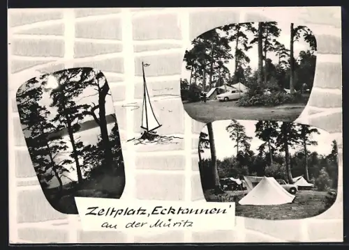 AK Müritz, Zeltplatz Ecktannen, Wald, Segelboot