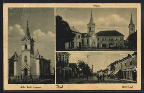 AK Técsö, Piactér, Röm. kath. templom, Ulcarészlet