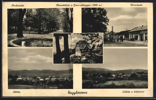 AK Nagyberezna, Parkrészlet, Utcarészlet, Látkép, Látkép a hidrésszel