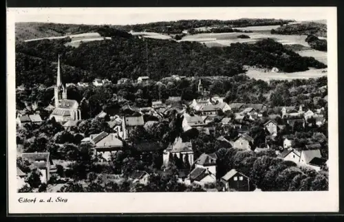 AK Eitorf a. d. Sieg, Ortsansicht mit Kirche und umliegender Landschaft