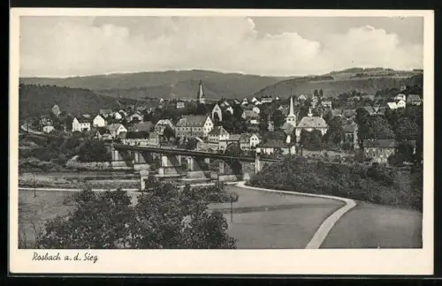 AK Rosbach a. d. Sieg, Ortsansicht mit Brücke und Kirche