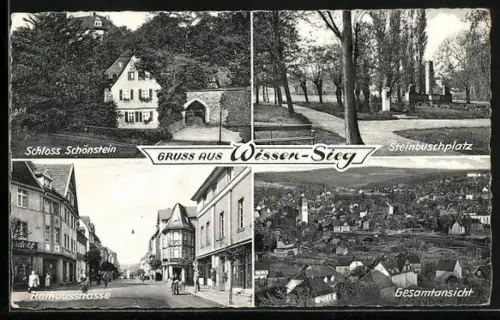 AK Wissen-Sieg, Schloss Schönstein, Steinbuschplatz, Rathausstrasse, Gesamtansicht