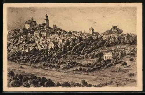 Künstler-AK Cronberg im Taunus, Stadtansicht mit Burg und Stadtturm
