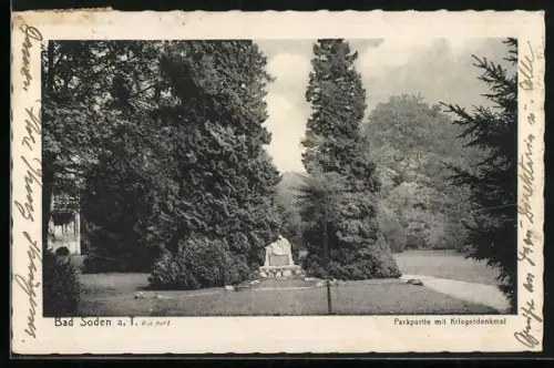 AK Bad Soden a. T., Parkpartie, Kriegerdenkmal