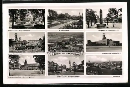 AK Dortmund-Mengede, Zeche Hansemann, Zeche Gustav, Marktplatz, Mittelschule