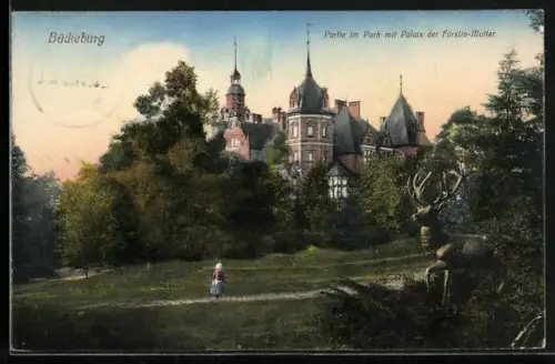 AK Bückeburg, Partie im Park mit Palais der Fürstin-Mutter