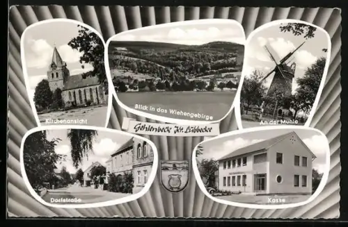AK Gehlenbeck /Lübbecke, Kirchenansicht, Dorfstrasse, Mühle, Kasse, Blick ins Wiehengebirge