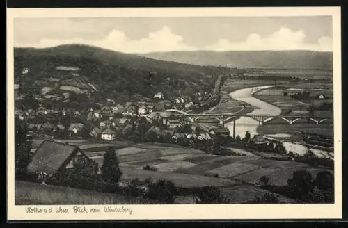 AK Vlotho a. d. Weser, Blick vom Winterberg, Flusslandschaft, Brücke, Ortsansicht