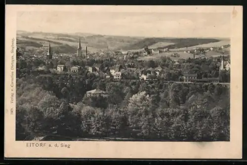 AK Eitorf a. d. Sieg, Panoramaansicht der Stadt mit Kirchen und umliegender Landschaft