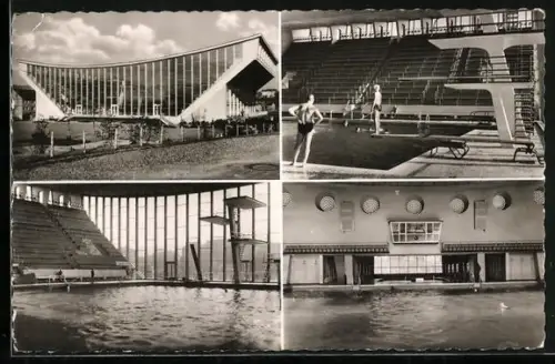 AK Wuppertal-Elberfeld, Stadtbad, Innenansichten, Sprungturm, Tribüne