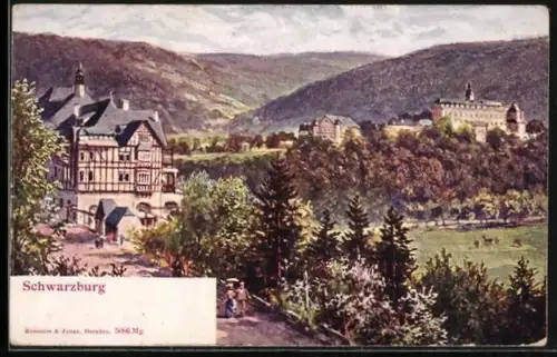Künstler-AK Schwarzburg, Schloss und Ortsansicht