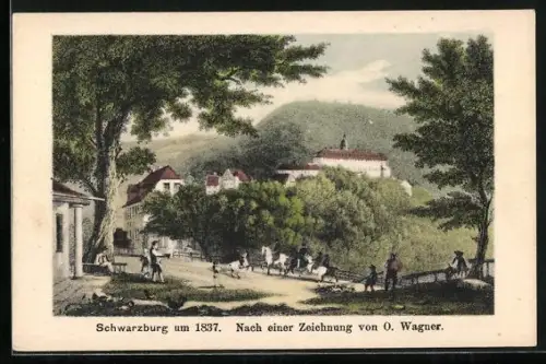 AK Schwarzburg, Ansicht um 1837 nach einer Zeichnung von O. Wagner