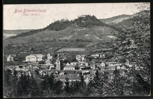 AK Bad Blankenburg /Thür. Wald., Ortsansicht, Burg Greifenstein, Kirche