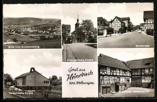 AK Heinebach /Melsungen, Blick vom Brommesberg, evangelische Kirche, W. Krause Lebensmittel
