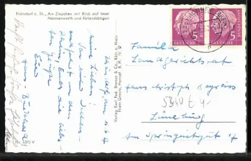 AK Rhöndorf a. Rh., Am Ziepchen, Blick auf Insel Nonnenwerth und Rolandsbogen