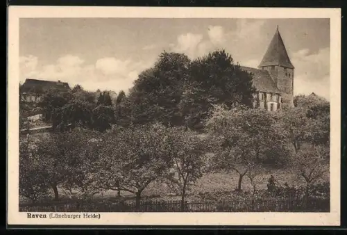 AK Raven /Lüneburger Heide, Kirche, Dorfansicht, Obstbäume