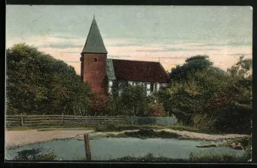 AK Raven /Lüneburger Heide, Alte Kirche, Teich