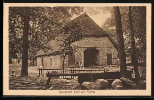 AK Deutsch-Evern, Dicksbeck, Bauernhaus, Fachwerk, Reetdach