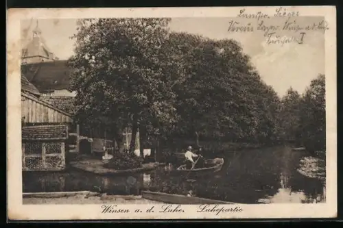 AK Winsen a. d. Luhe, Bootspartie auf der Luhe, Flussufer, Bäume