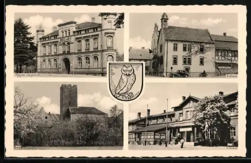 AK Oebisfelde, Theater Jägerhof, Rathaus, Burg, Bahnhof