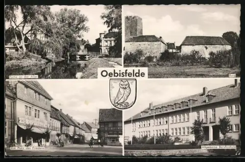 AK Oebisfelde, Burg, Am Platz des Friedens, Allgemeine Berufsschule, Partie an der Aller