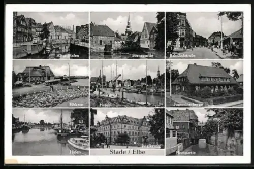 AK Stade /Elbe, Alter Hafen, Börnepartie, Bahnhofstrasse, Elbkate, Jugendherberge, Hafen, Fleetpartie