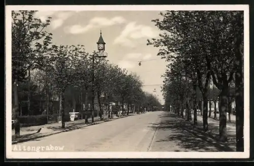 AK Altengrabow, Strassenansicht mit Uhrturm und Allee