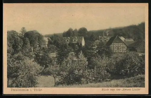 AK Paulinzella i. Thür., Blick von der Neuen Linde, Dorfansicht, Fachwerkhaus