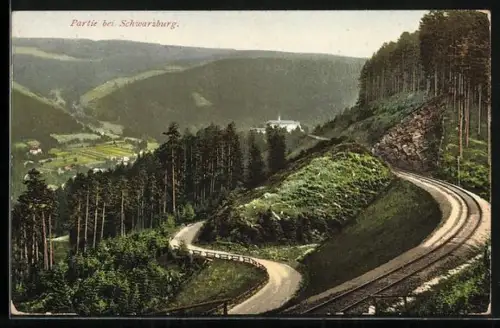 AK Schwarzburg, Partie bei Schwarzburg, Wald, Bahnstrecke, Talblick