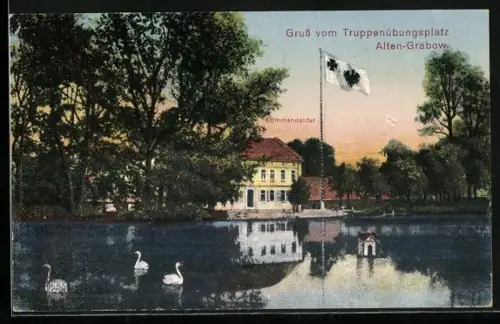 AK Alten-Grabow, Truppenübungsplatz, Kommandantur, Flagge mit Reichsadler, Teich mit Schwänen